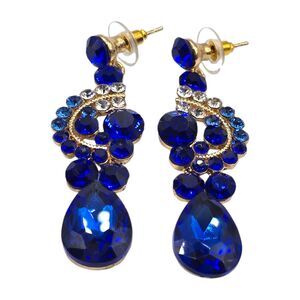 Pierced Earrings Royal Blue Dangle Clear Rhinestones Elegant Gift SKU2154